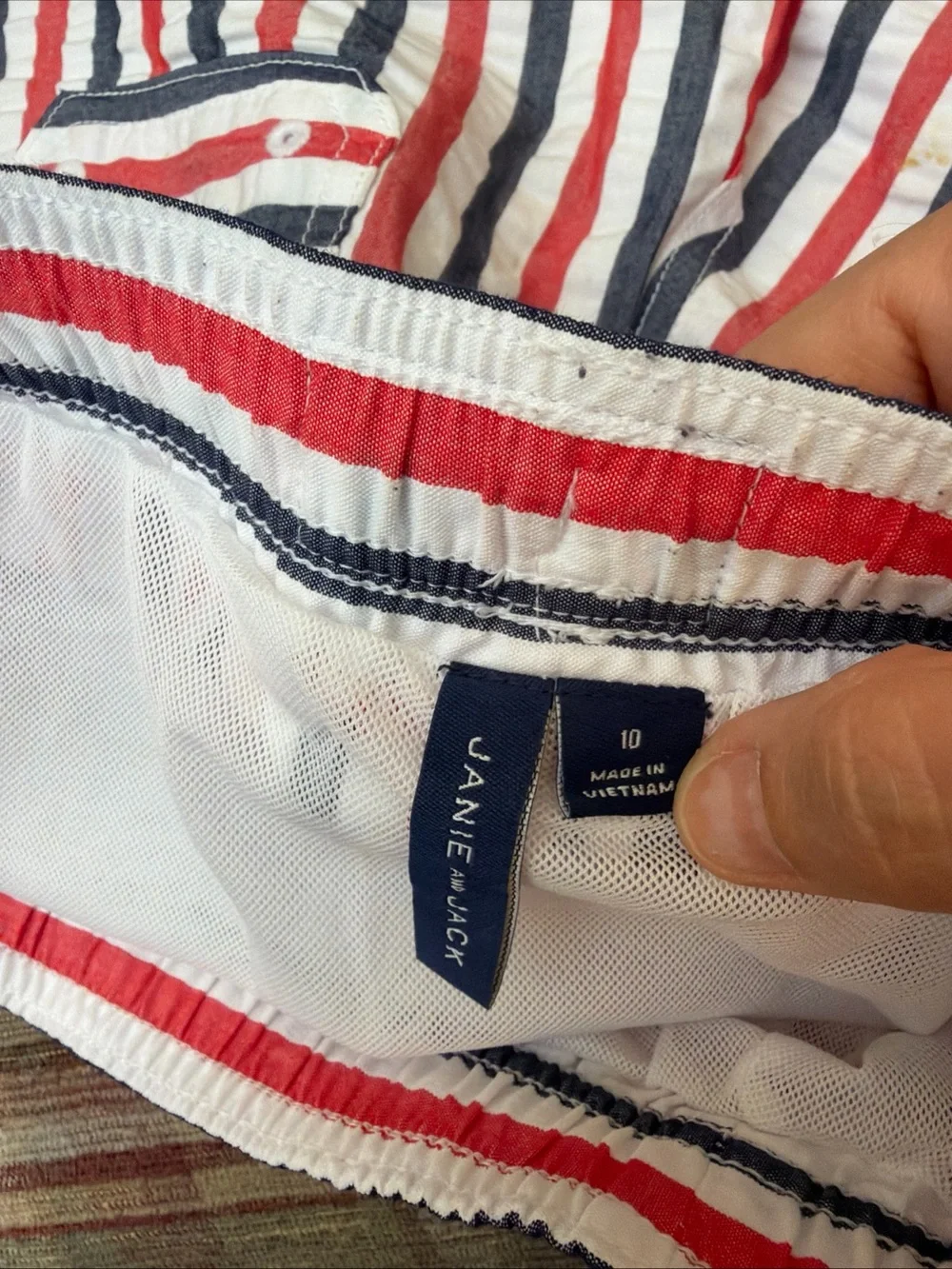 Janie and Jack Red, White & Navy Vertical Stripe Swim Trunks